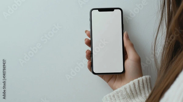 Obraz person holds blank smartphone with white screen against plain background, showcasing device sleek design