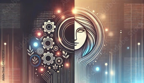 Fototapeta A digital surreal portrait split in half — one side shows a woman's face with smooth lines, the other side features gears, leaves, circuits, and lights, symbolizing tech and nature fusion.