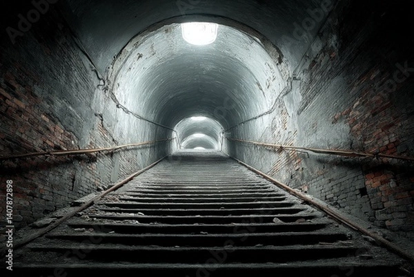 Fototapeta Staircase leading to a dimly lit tunnel with brick walls and natural light above