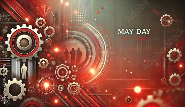 Fototapeta Red futuristic "May Day" industrial scene with gears, silhouettes of workers, tech circuits, and glowing lights. Text reads "May Day" and "May 2019" on a digital grid background.