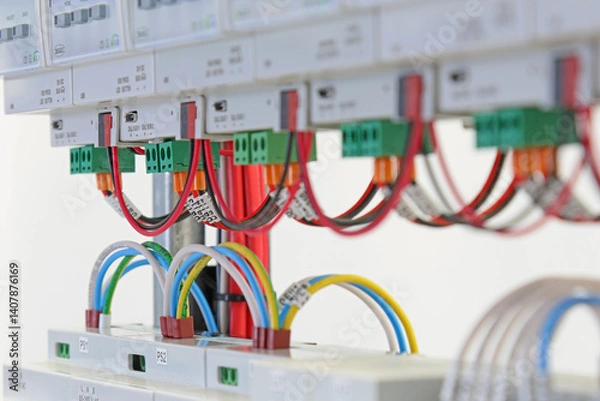 Fototapeta Connecting electrical modules using copper electrical wires in the electrical switchboard. 