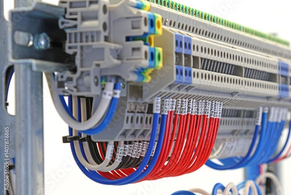 Fototapeta Electrical terminals with insulated wires connected in the electrical switchboard. 