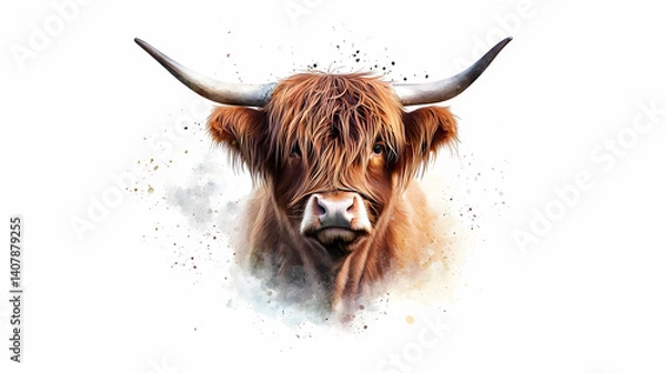 Fototapeta Artistic Portrait of A Majestic Highland Cow With Long Brown Fur and Impressive Horns Against A White Background With Watercolor Effect