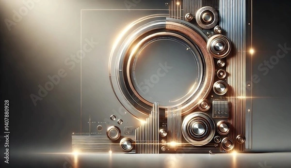 Fototapeta Futuristic metallic circular mechanism with glowing gold accents, knobs, and control elements on a minimal dark background. High-tech design blending sci-fi and industrial aesthetics.