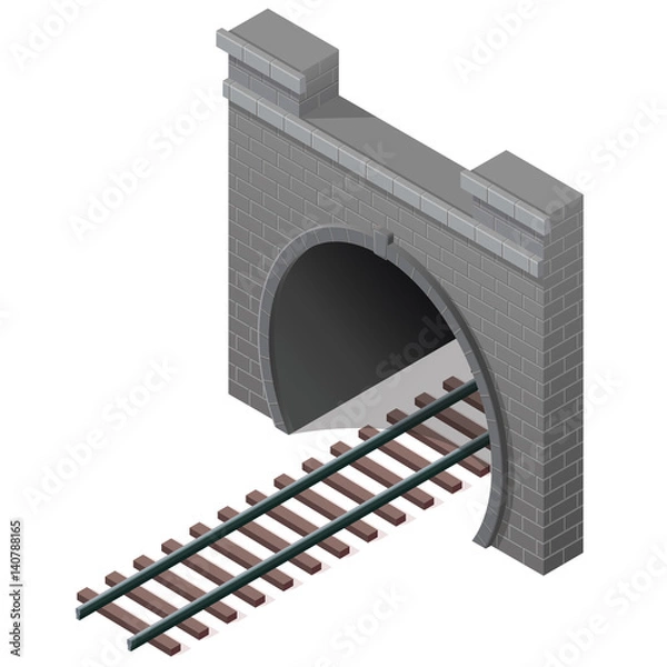 Fototapeta Vector railway low poly tunnel in isometric 3d perspective. Old stone circular tunnel with a light at the end. Isolated on white background. Diminishing perspective.