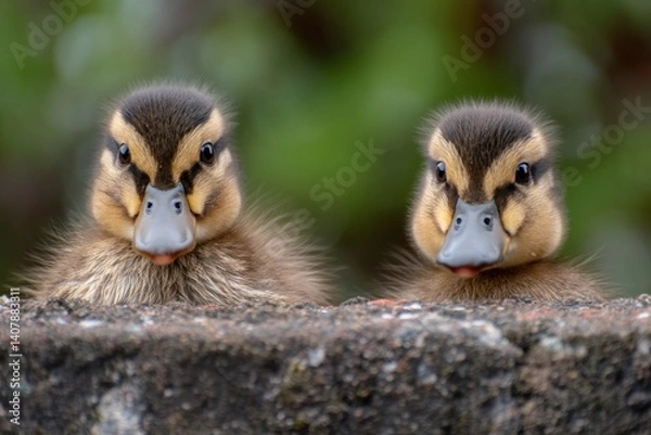 Obraz Front View of Two Fluffy Ducklings Sitting Close Together.