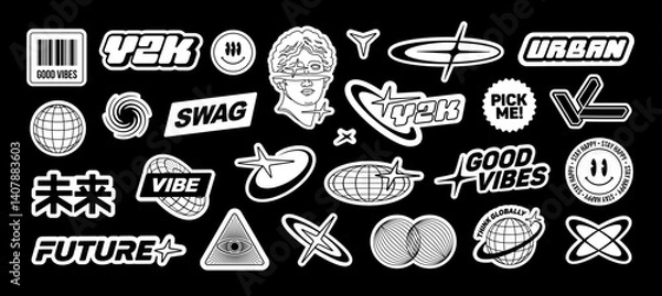 Fototapeta Trendy Y2k logotypes and emblems in cyberpunk style for clothes print design. Vintage futuristic japanes stickers set in Techno Rave style. Retro Asian 90s - 2000s apparel signs (set 4)