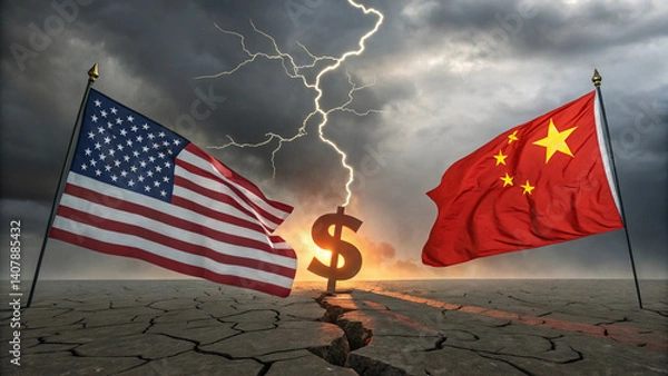 Fototapeta war, economy, geopolitics, comparison, finance, money, investments ,Dark stormy clouds in the background, representing tension, AI