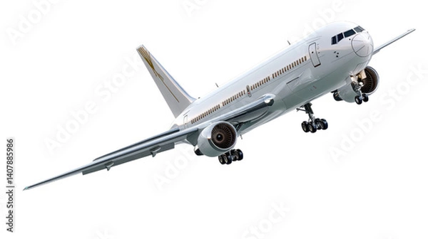 Obraz Boeing 767 Taking Off: A white Boeing 767 airplane soars against a pristine white background, its wings outstretched and powerful engines propelling it skyward.