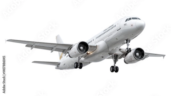 Fototapeta Airbus A320 Landing: A sleek, modern Airbus A320 passenger jet descends for landing, showcasing its powerful engines and aerodynamic design against a clear sky.