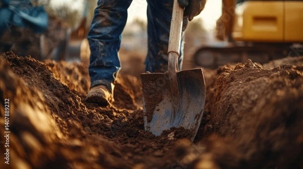 Fototapeta Construction laborer digging a trench on a construction site. Featuring strength and determination