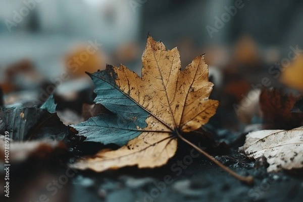 Fototapeta Fallen leaves in autumn showcasing shades of brown and yellow on a wet surface during a rainy day