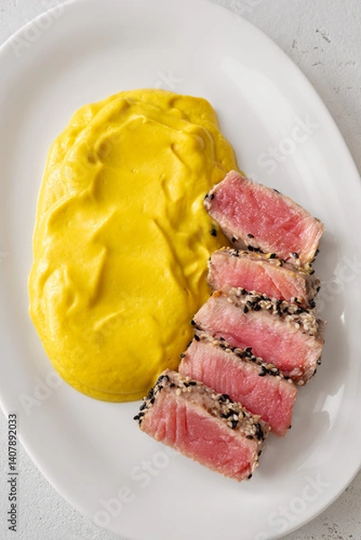 Obraz Sesame-crusted sliced tuna with cauliflower curry puree on modern white plate