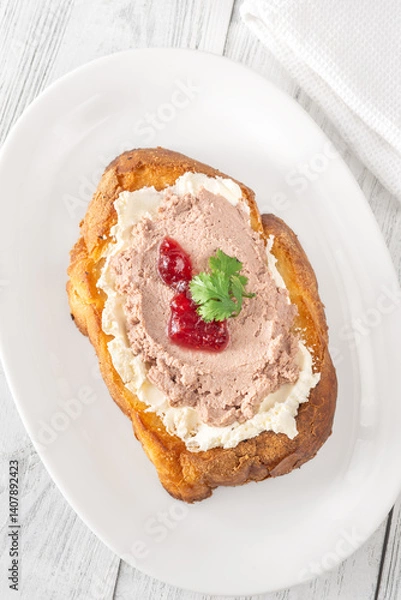 Obraz Gourmet sandwich layered with pate, cranberry jam, and cream cheese