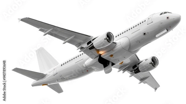 Obraz Airplane Taking Off: A commercial airplane is seen taking off, captured in mid-air with its engines blazing, against a plain background.