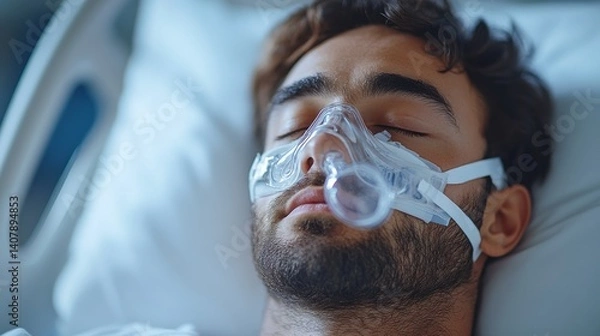 Fototapeta close up side view of a male patient sleeping in a hospital bed,oxygen mask in white room young man recovering after sickness or getting obstructive sleep apnea therapy in hospital ward,stock image