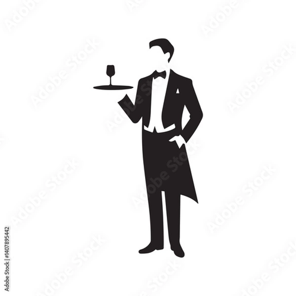 Obraz A black and white silhouette of a man in a tuxedo, holding a tray with a single wine glass on it vector illustration 