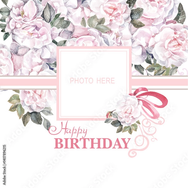 Obraz flowers pink roses greeting card with photo frame