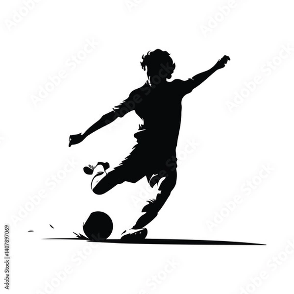 Obraz  silhouette of a soccer player in mid-action, kicking a soccer ball.