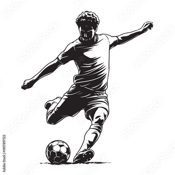 Obraz  silhouette of a soccer player in mid-action, kicking a soccer ball.