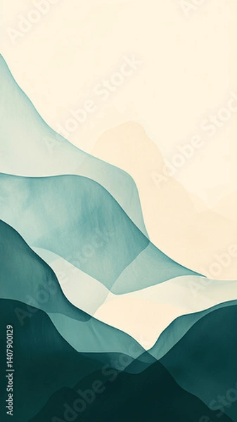 Fototapeta Soft, flowing abstract landscape graphic minimal style  with layered teal and cream hues, creating sense of depth and calm. gentle curves evoke , perfect for modern decor