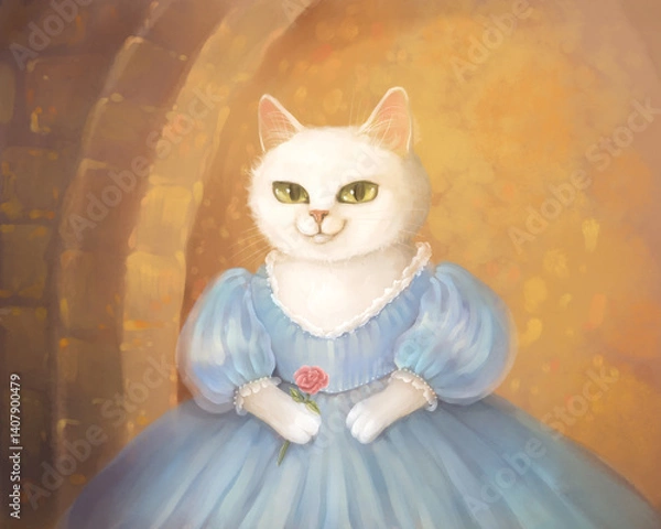 Obraz Elegant White Cat in Blue Dress