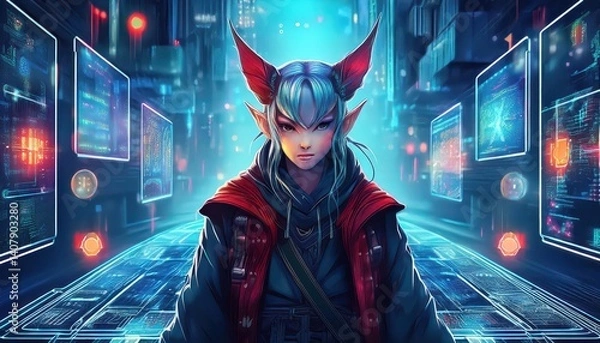 Fototapeta Yakuza Elf Hacker Navigating a Blockchain Datascape A HighTech Mystery Amidst Neon Glow and Cybernetic Landscape, Depicting an Ethereal Meeting of Crime Syndicates and Cryptocurrency in a