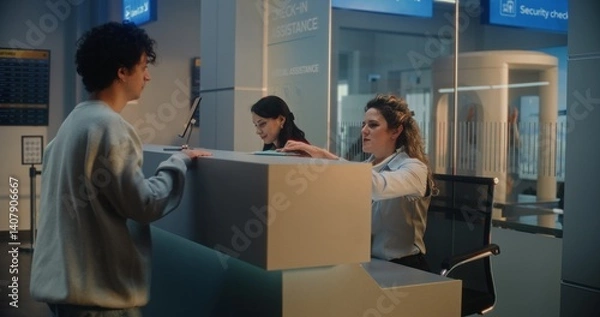 Fototapeta International Airport Terminal: Young Male Passenger Placing Suitcase near Counter for Baggage Check-in before Boarding Flight, Talking to Female Airline Agent. Security Checkpoint in the Background.