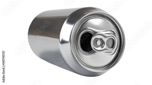 Fototapeta Open silver soda can lying on transparent background
