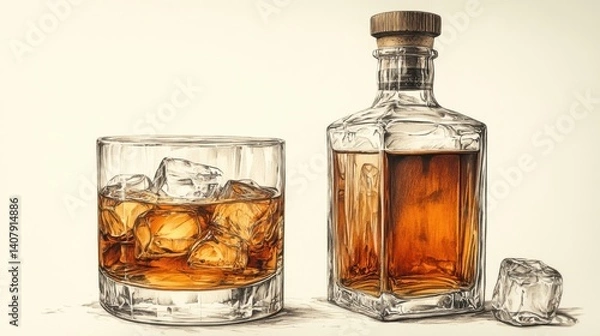 Fototapeta decorative liquor bottle,a filled whiskey glass isolated on a white background sketch engraving generative ai raster illustration scratch board imitation black,white image,stock image