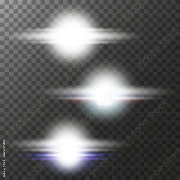 Fototapeta Three horizontal light effects with diverging rays create a feeling of glow and shine. Perfect for adding accents of light, glare and sparkle. EPS10 vector illustration.