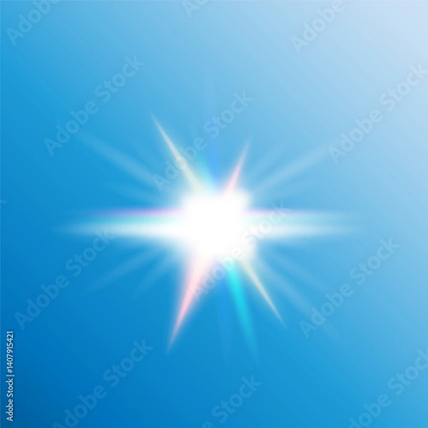 Fototapeta Sunlight, lens flare, star or light explosion effect on blue background. Colors: white, yellow, orange, blue, green and purple. Suitable for adding shine, glow. EPS10 vector illustration.