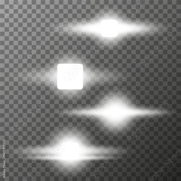 Fototapeta Four different glowing elements, on a transparent background, a square light source with horizontal rays, with soft diffusion, to create lighting effects, glare and shine in the design. Vector illustr