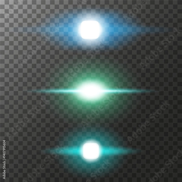 Fototapeta Three square light sources with blue, green, turquoise rays on a transparent background. To add lighting, glare, sparks to the design. Vector illustration EPS10.