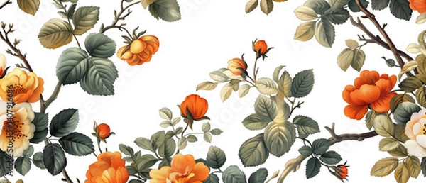 Obraz Patrón de flores y hojas inspirado en el siglo XVIII con fondo blanco repetido.