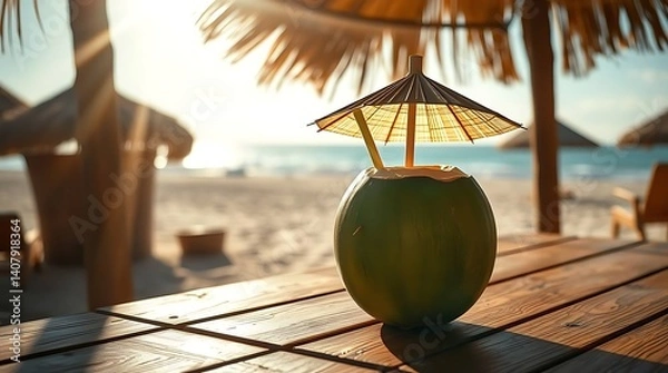 Fototapeta Refreshing Coconut Water on Tropical Beach Table – Summer Hydration Concept