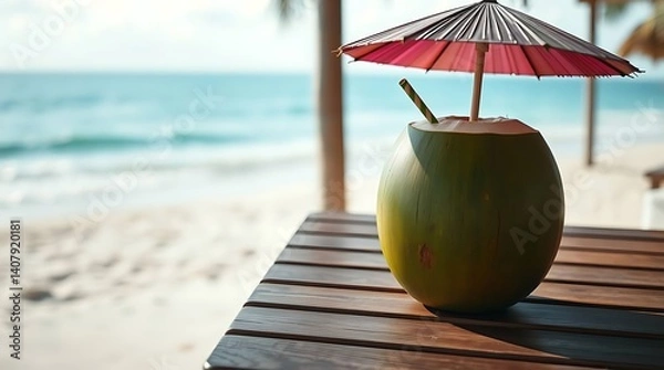 Fototapeta Refreshing Coconut Water on Tropical Beach Table – Summer Hydration Concept