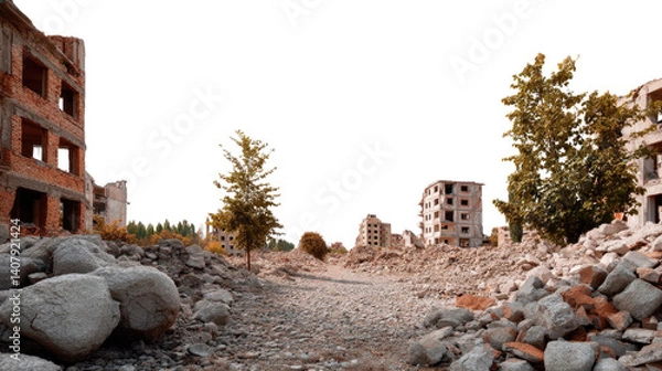 Obraz Aftermath of War: A desolate street in the aftermath of war, with rubble and debris scattered everywhere. The once bustling city is now a ghost town, a stark reminder of the human cost of conflict.