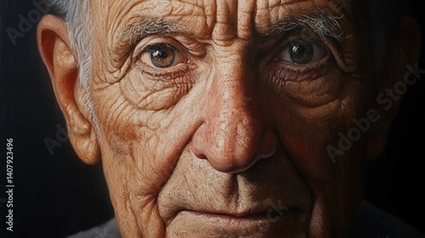 Fototapeta Realistic portrait painting of an elderly man, every wrinkle and line on his face rendered in fine detail, capturing the passage of time and wisdom.
