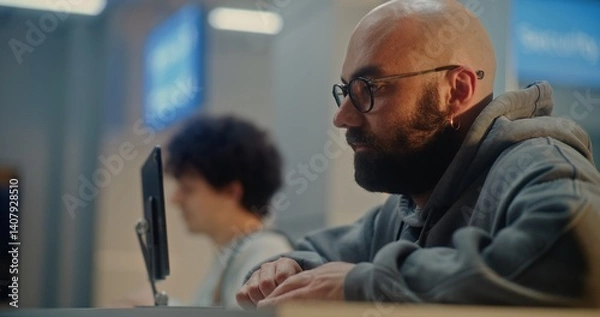 Fototapeta Passengers at Check-in Counter: Man Giving Passport and Flight Ticket to Airline Worker, Verifying Personal ID Data by Scanning Fingerprint and Facial Recognition. Documents Check in Airport Terminal.