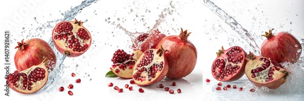 Fototapeta  Set of pomegranates with water splashing around them isolated on a transparent background
