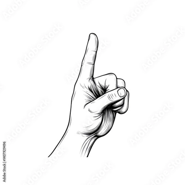 Fototapeta Hand Gesture Index Finger Pointing Up - Black and White Illustration