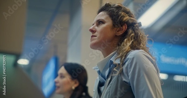 Fototapeta International Airport Terminal: Close Up of Female Airline Worker Talking and Checking Documents of Passenger at Airport Check-in Counter. Passport Control at Security Checkpoint for Boarding Flight.