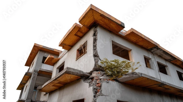 Obraz Building Structural Damage: A severe structural damage building corner, showing a large crack and displacement due to the effects of earth movement.