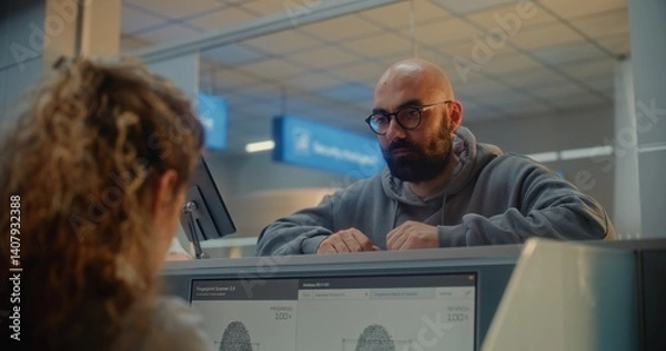 Fototapeta Airport Check-in Counter: Man Giving Documents and Airplane Ticket to Airline Agent, Putting Finger on Touch Screen to Verify Biometric Data by Scanning Fingerprint. Passport Check in Airport Terminal