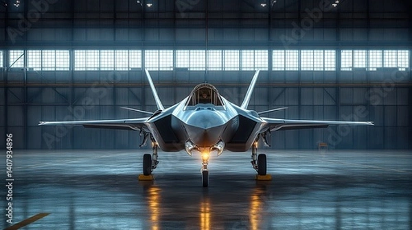 Fototapeta f 35 lightning ii jet a sleek military aircraft poised in a modern hangar showcasing advanced design,technology in aerospace engineering,stock image