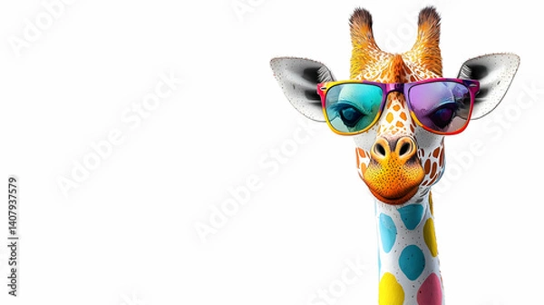 Fototapeta Close-Up Of A Playful Giraffe Wearing Colorful Sunglasses On A White Background With Vibrant Polka Dots