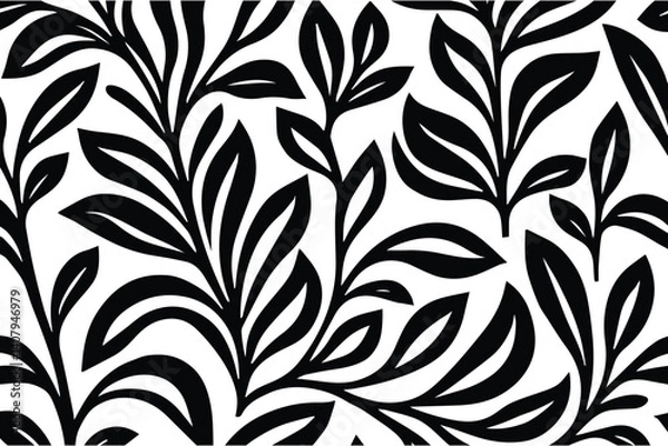 Fototapeta Monochrome Botanical Vines: A Seamless Pattern of Stylized Leaves and Branches, Offering a Classic and Elegant Design Element for Diverse Creative Applications.
