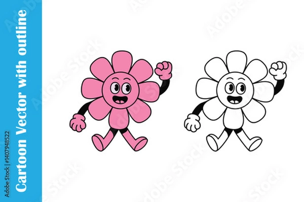 Obraz Cartoon Vector with Outline - Retro Flower Character