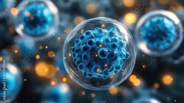 Fototapeta gclose up of blue exosome particles inside transparent spheres 3d illustration of exosomes in biotechnology scientific visualization related to cosmetology,trichology enerated image